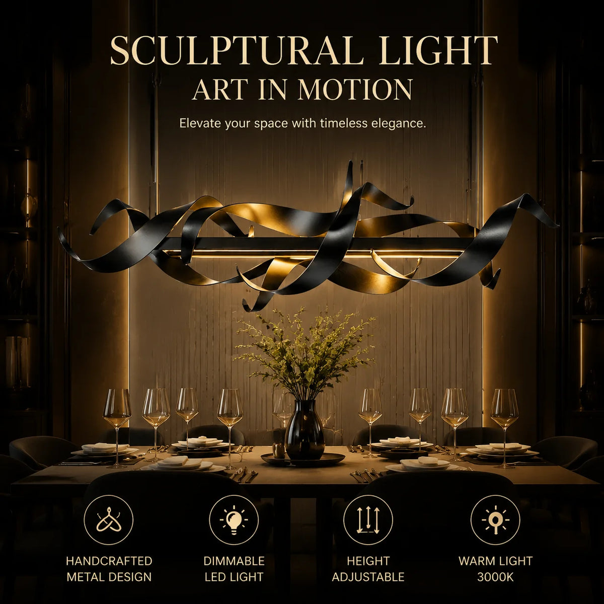 lampe suspendue moderne élégante noir doré sculptural finition métallique luxueuse 120cm adjustable