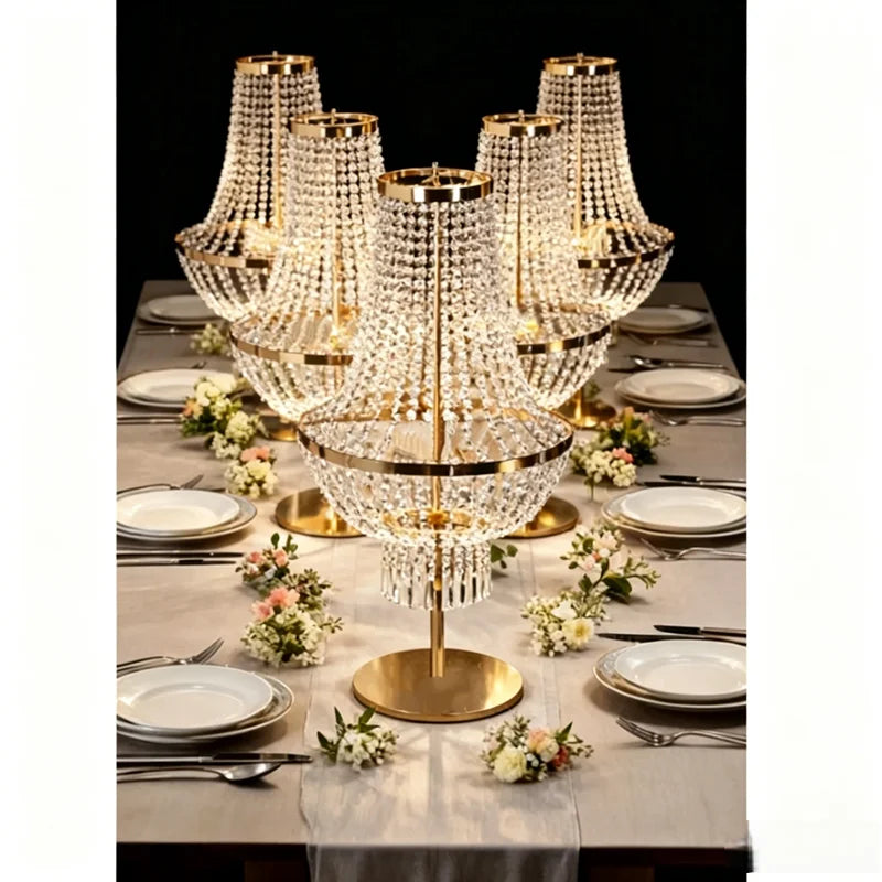 centres table baroques or cristal transparent structure métal doré festifs