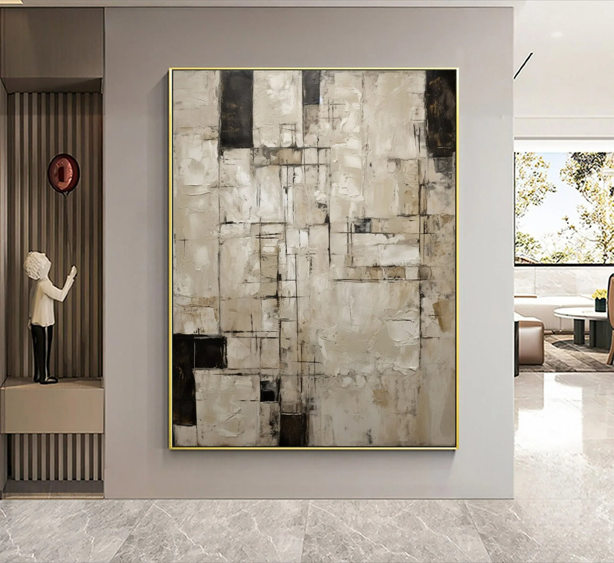 tableau abstrait moderne minimaliste beige noir blanc géométrique toile huile peinture main livingroom bedroom