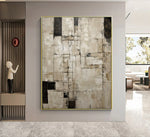 tableau abstrait moderne minimaliste beige noir blanc géométrique toile huile peinture main livingroom bedroom