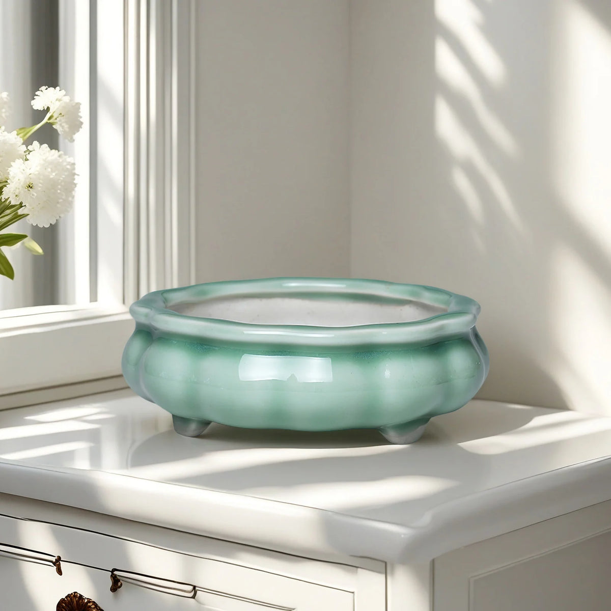 pots plante céramique vert clair blanc asiatique forme ondulée drainage jardinière fleurs succulentes