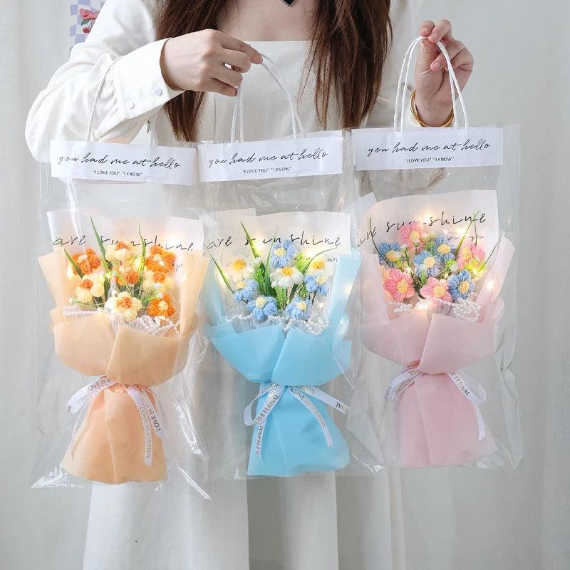 Bouquet fleurs artificielles crochetées orange bleu rose violet blanc moderne