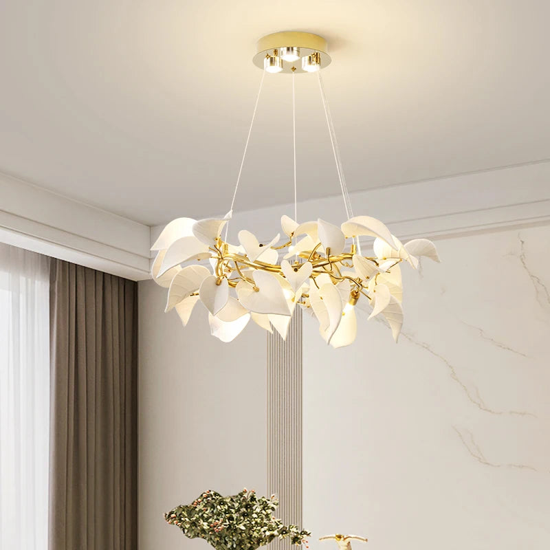 lampe suspendue moderne feuilles blanches dorées élégante cuisine chambre restaurant étudehôtel