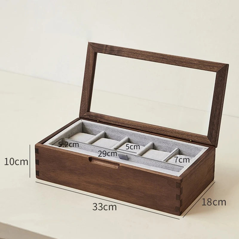 boîte rangement montres bois naturel moderne minimaliste poignée intégrée verre transparent tissu opaque montres