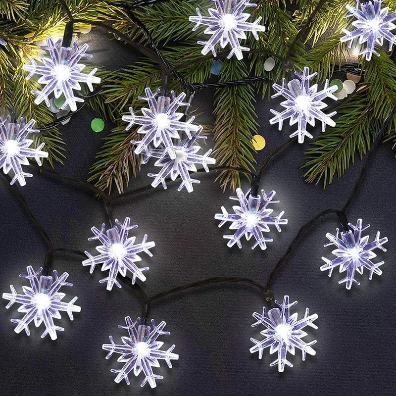 guirlande lumineuse flocons neige blanc rouge moderne extérieur piquet led solaire festive