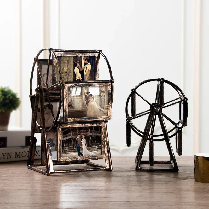 cadre photo vintage grande roue transparent bronze or argenté decoration florale photos inclusion industrielle
