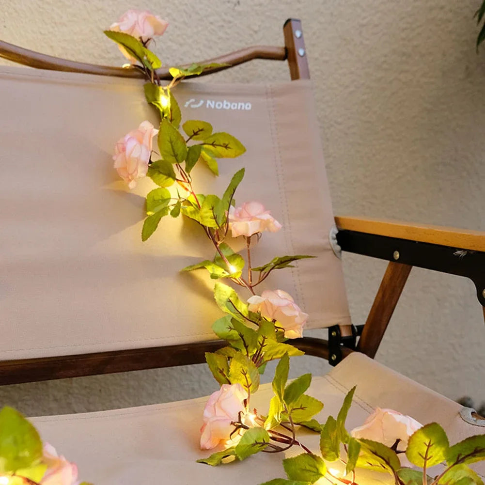 guirlande lumineuse fleurs artificielles rose feuilles vertes adhésif solaire led 5m 16.4ft 50leds