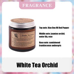 bougie parfumée soja sans fumée aromathérapie forme coupe marron clair étiquette blanche minimaliste hand