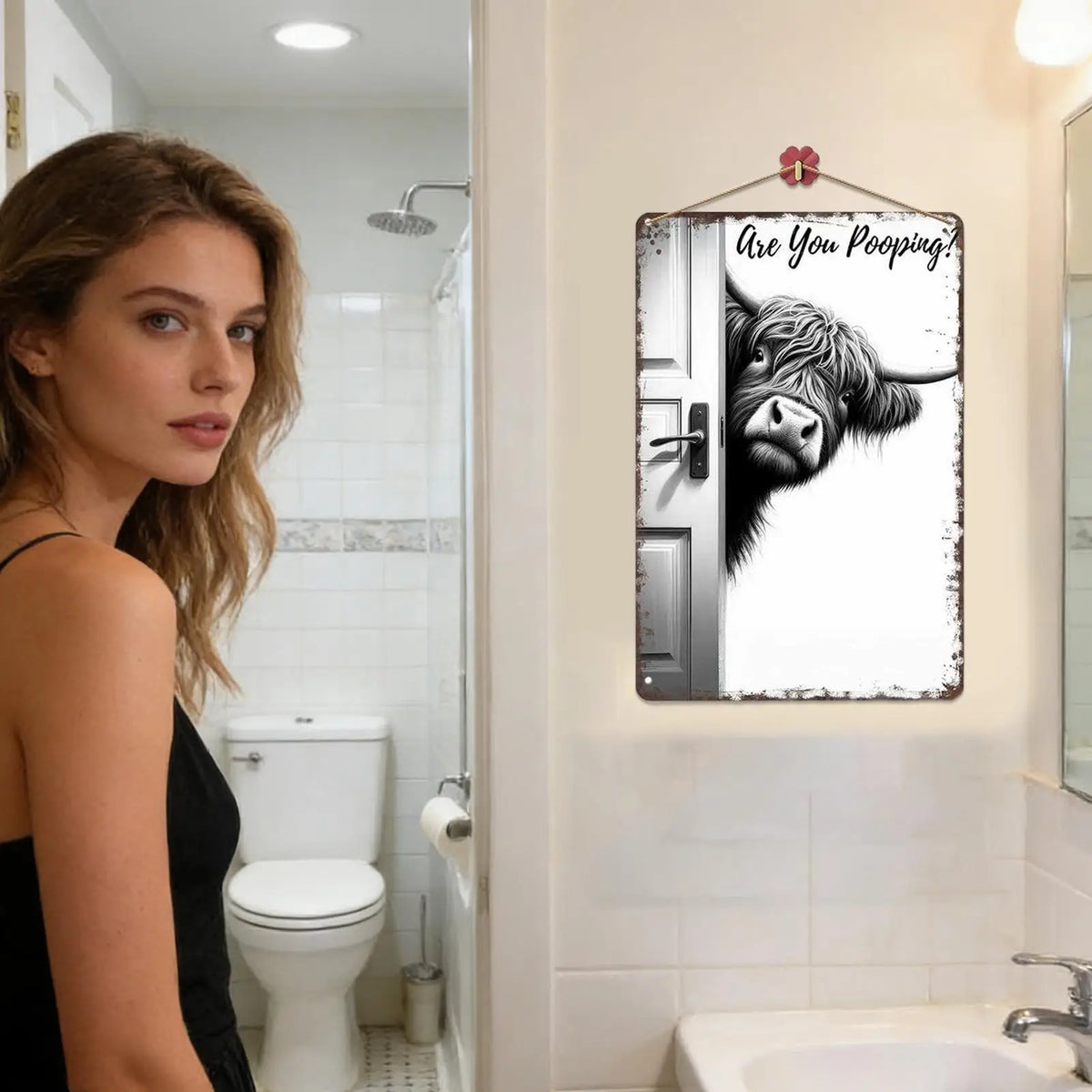 décoration murale salle bain plaque métal vache highland humour rustique porte animaux toile suspendue