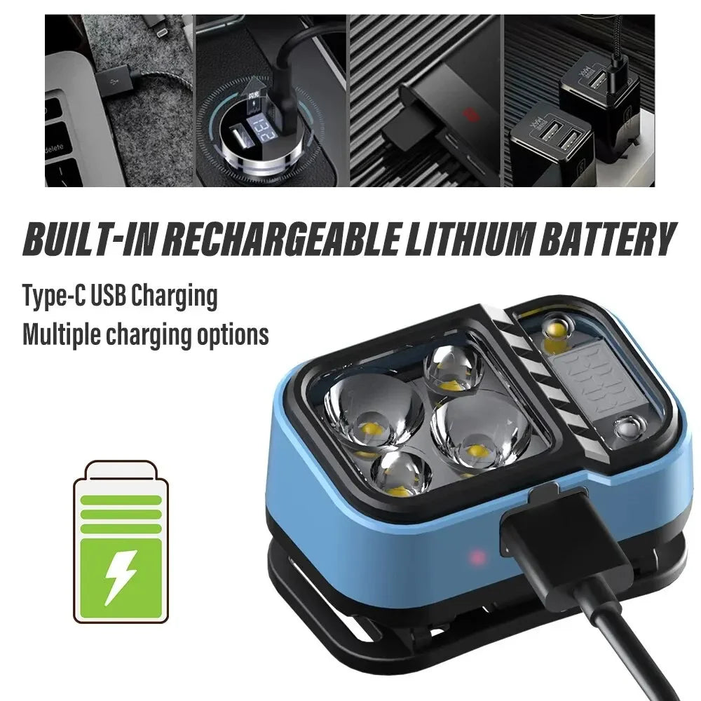 lampe frontale rechargeable bleu tissu hexagonal moderne camping pêche affichage led interrupteur tactile usb