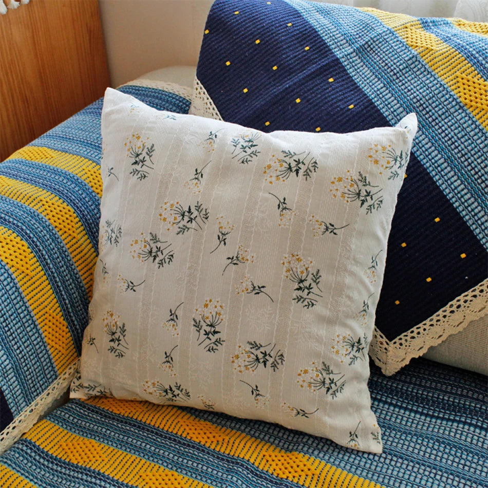housse coussin coton fleurs bleues jaunes vintage décorative blanche 40x40cm 50x50cm adhésive