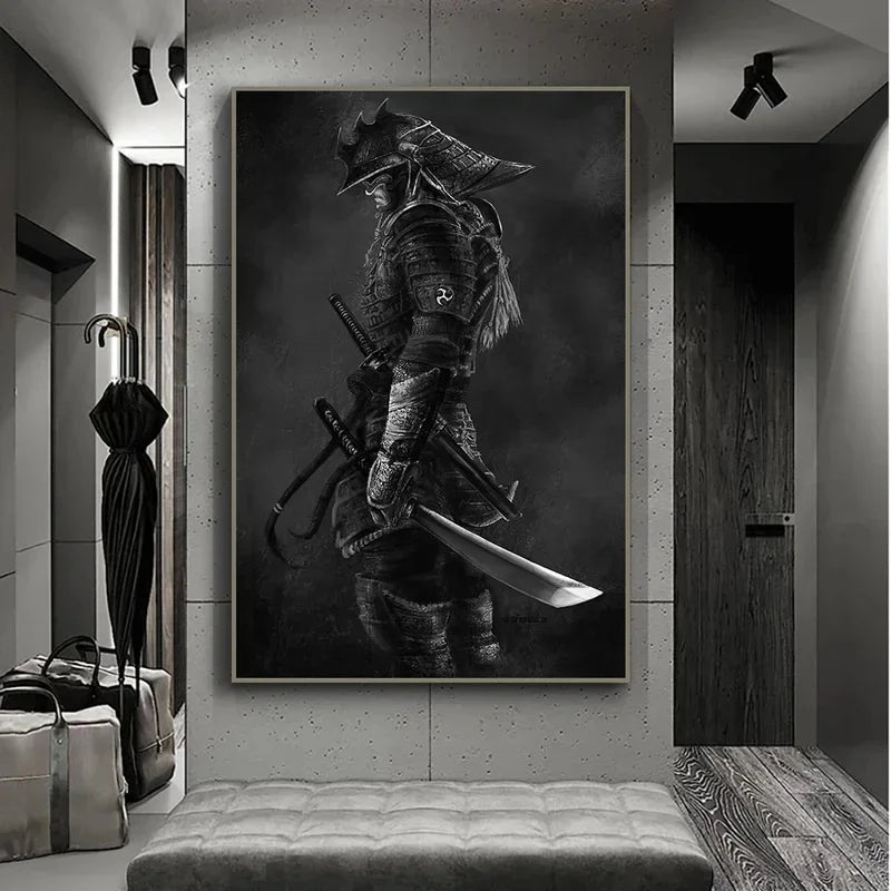 toile d'art samouraï noir blanc contemporain clips décoration intérieure affiche photo murale sans cadre