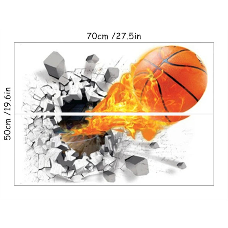 autocollant mural 3d sportif balle basket rayures noires fond texturé béton orange dynamique chambre