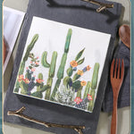 serviettes papier décoratives cactus fleurs vert orange rose violet assiette blanche couverts dorés painDecorationVégétaleardoiseManchesBois
