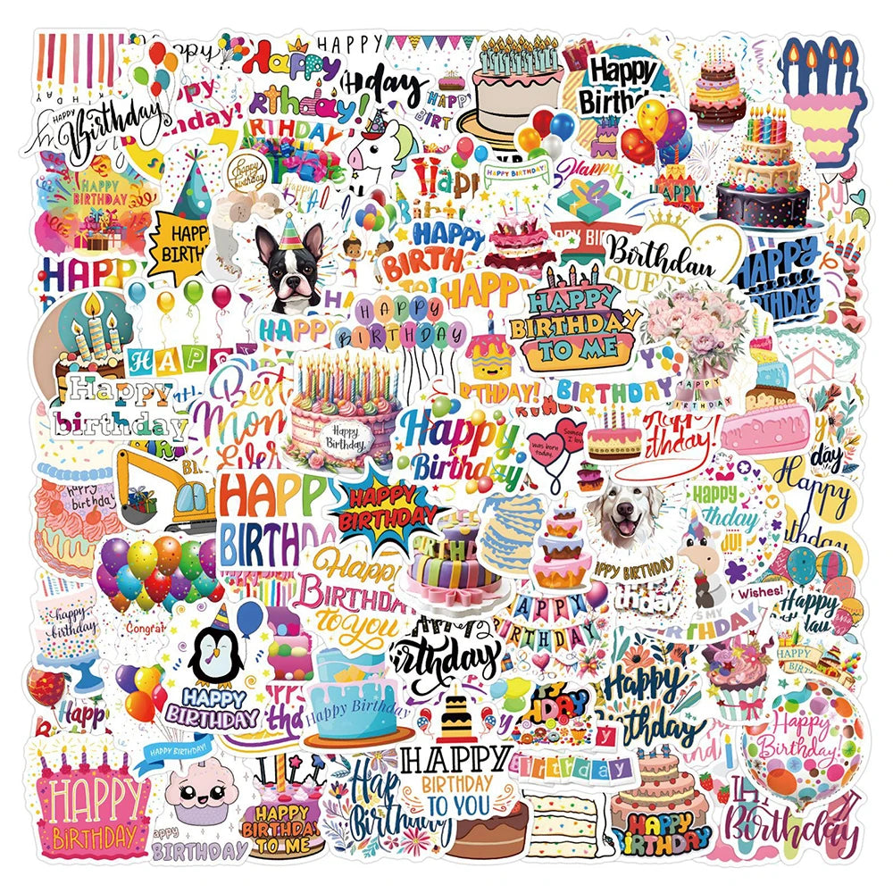 stickers happy birthday multicolores gâteaux ballons animaux étanches pvc festifs enfants décoration