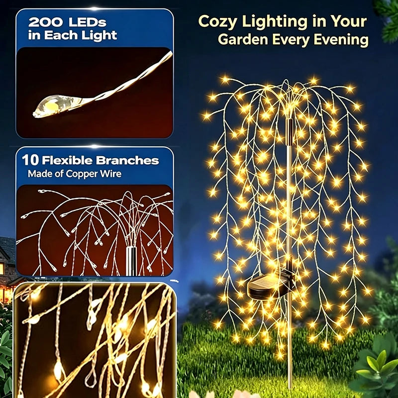 guirlande lumineuse solaire blanc chaud moderne filigrane branches flexibles extérieure patio jardin camping