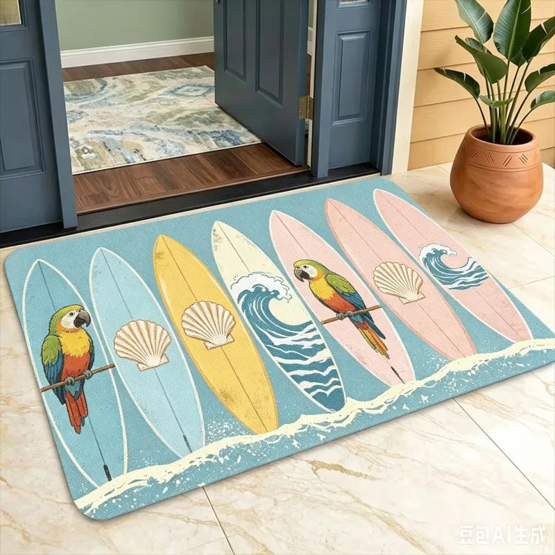 tapis extérieur moderne vintage surf bleu orange motif hippocampe ananas plage
