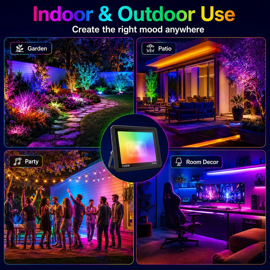 projecteur led rgb 100w ip66 waterproof modernes changement couleur modes dynamiques contrôle luminosité