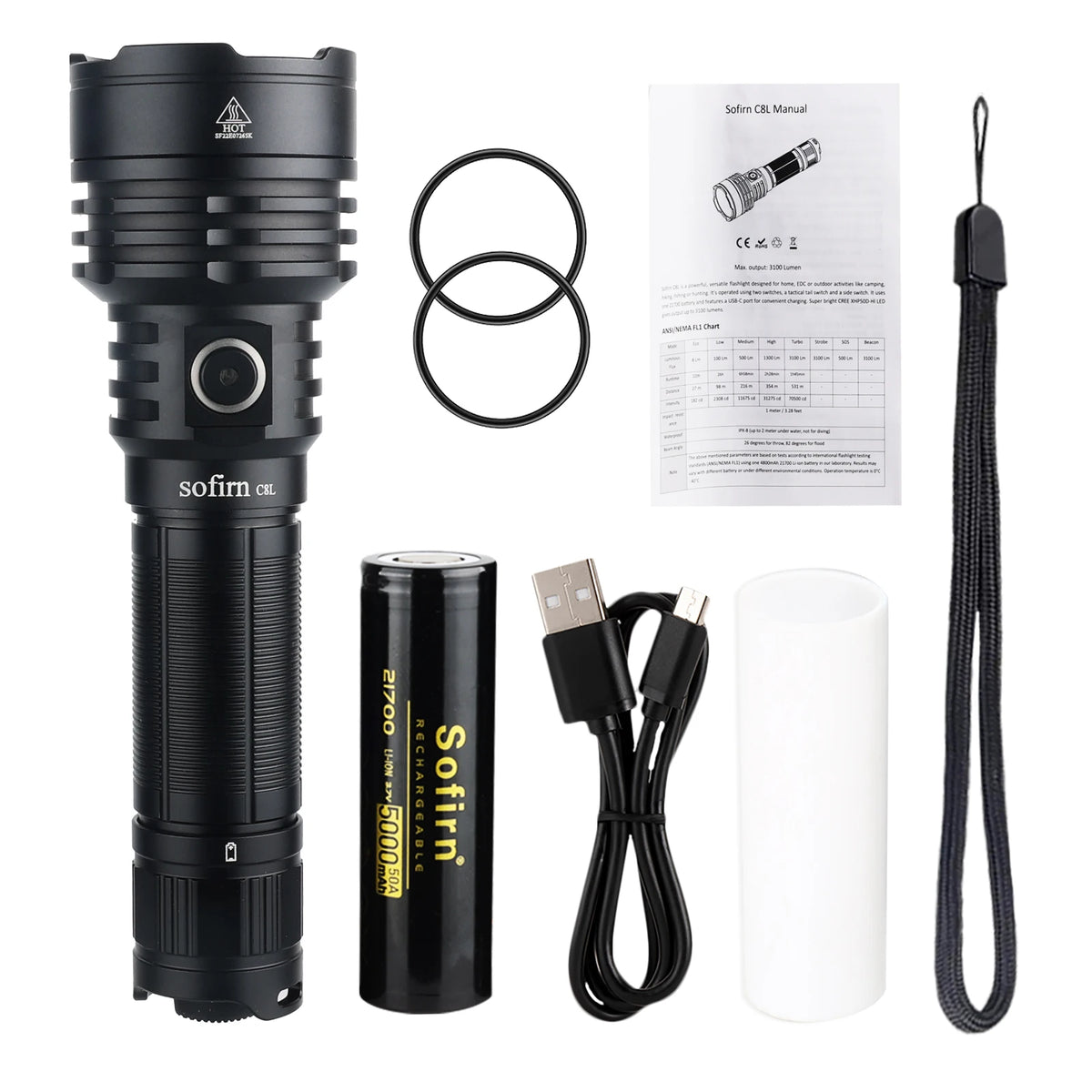 lampe torche rechargeable led noire intense 6000k 3800lm durable outdoor camping fishing