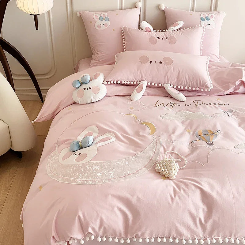 ensemble literie rose lapins étoiles nuages montgolfières coton sergé 100% filles housse couette taies