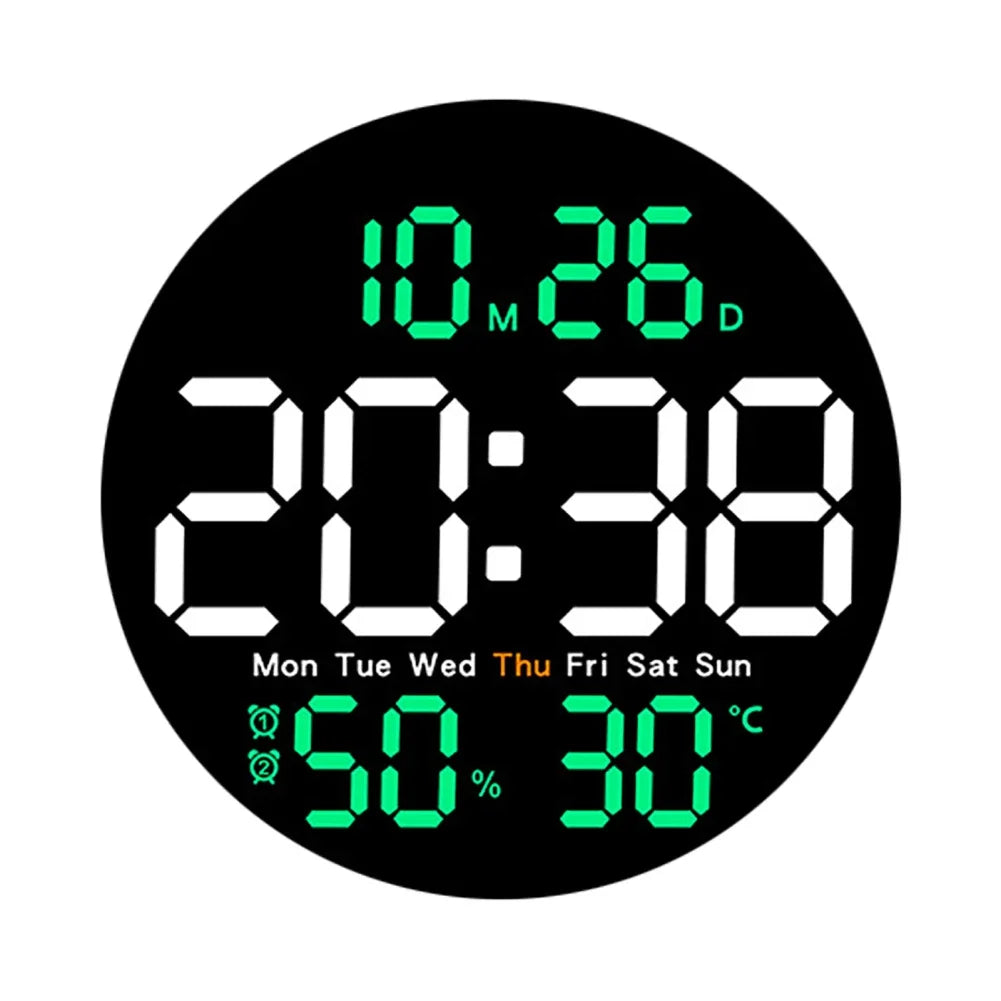 horloge murale numérique moderne affichage led temps date température humide noir bleu vert