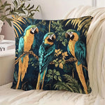 housse coussin carré vintage oiseaux exotiques feuilles tropicales bleu vert doré polyester peacheskin 45x45cm