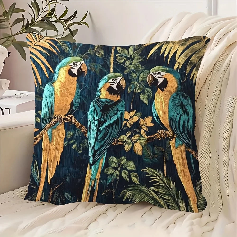 housse coussin carré vintage oiseaux exotiques feuilles tropicales bleu vert doré polyester peacheskin 45x45cm