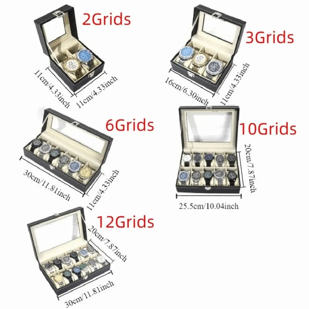 boîtes montres simili cuir noires classiques verrouillables coussinets amovibles compartiments multiples grandes vitres transparentes