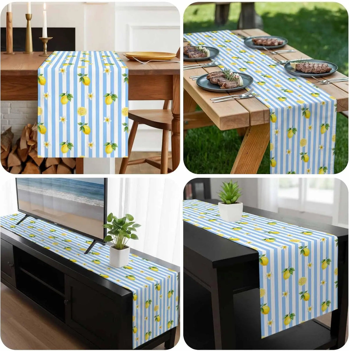 table cuisine lin rayé bleu blanc motif citron floral moderne