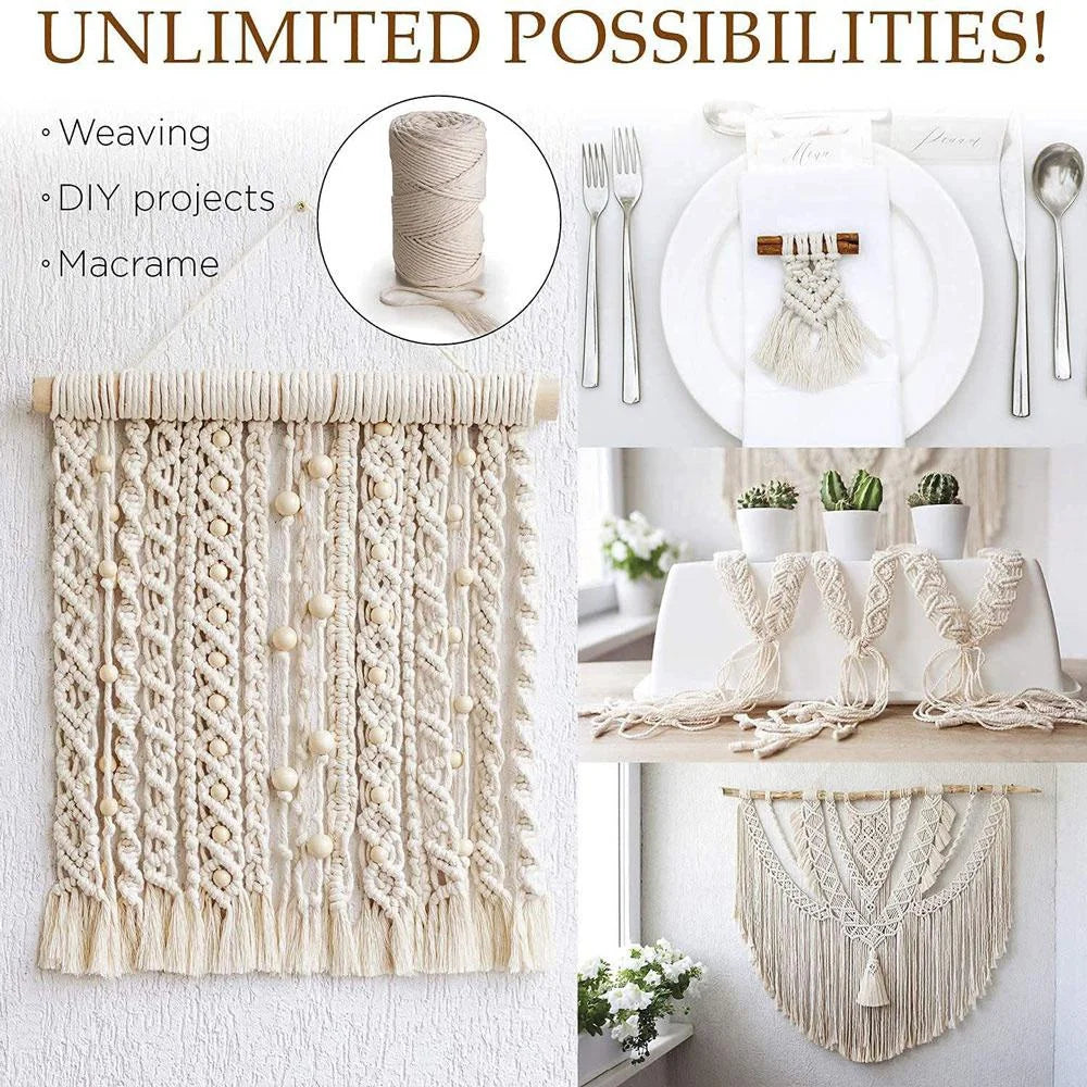 corde macramé coton blanc tissée franges artisanal longueurs variées metres pompons decoration rustique