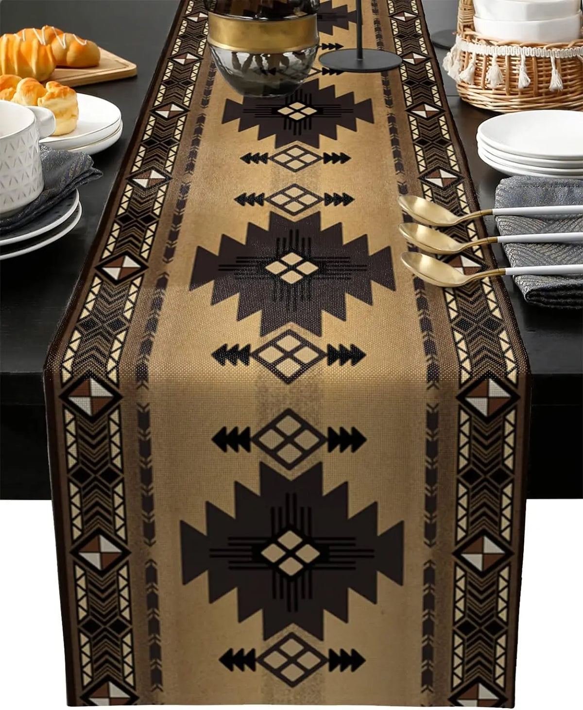 tableau chemin table lin aztèque beige marron bleu rouge moderne ethnique