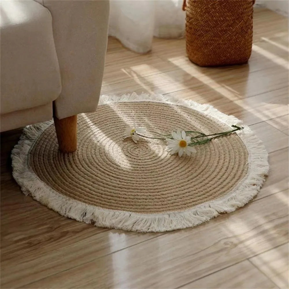 tapis rond boho spirale concentrique franges beige clair facile entretien 40cm 60cm rustique