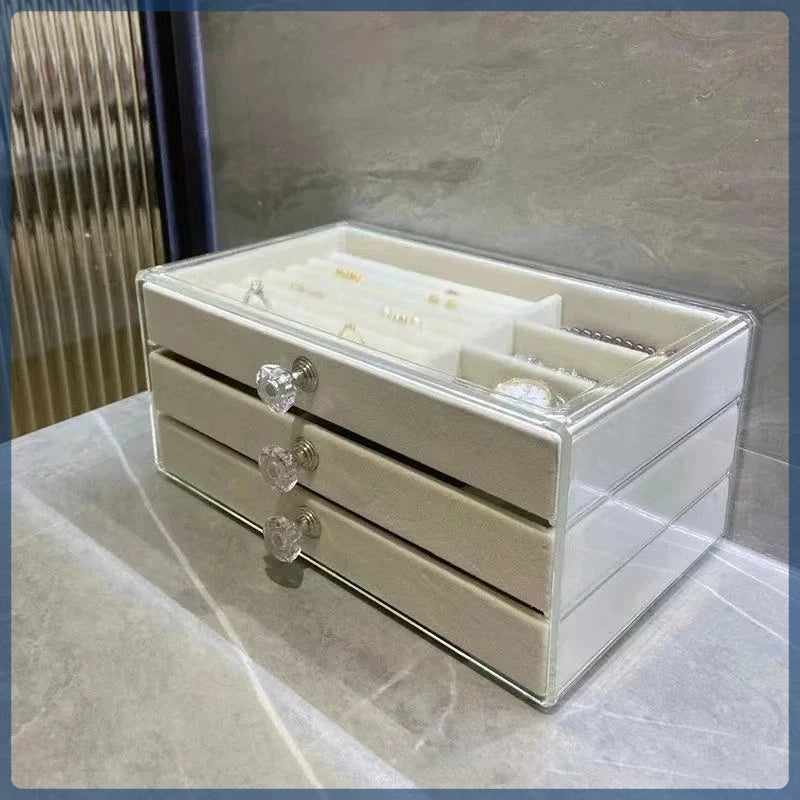 boîte rangement bijoux velours transparent moderne tiroirs respectueux environnement rose gris élégant