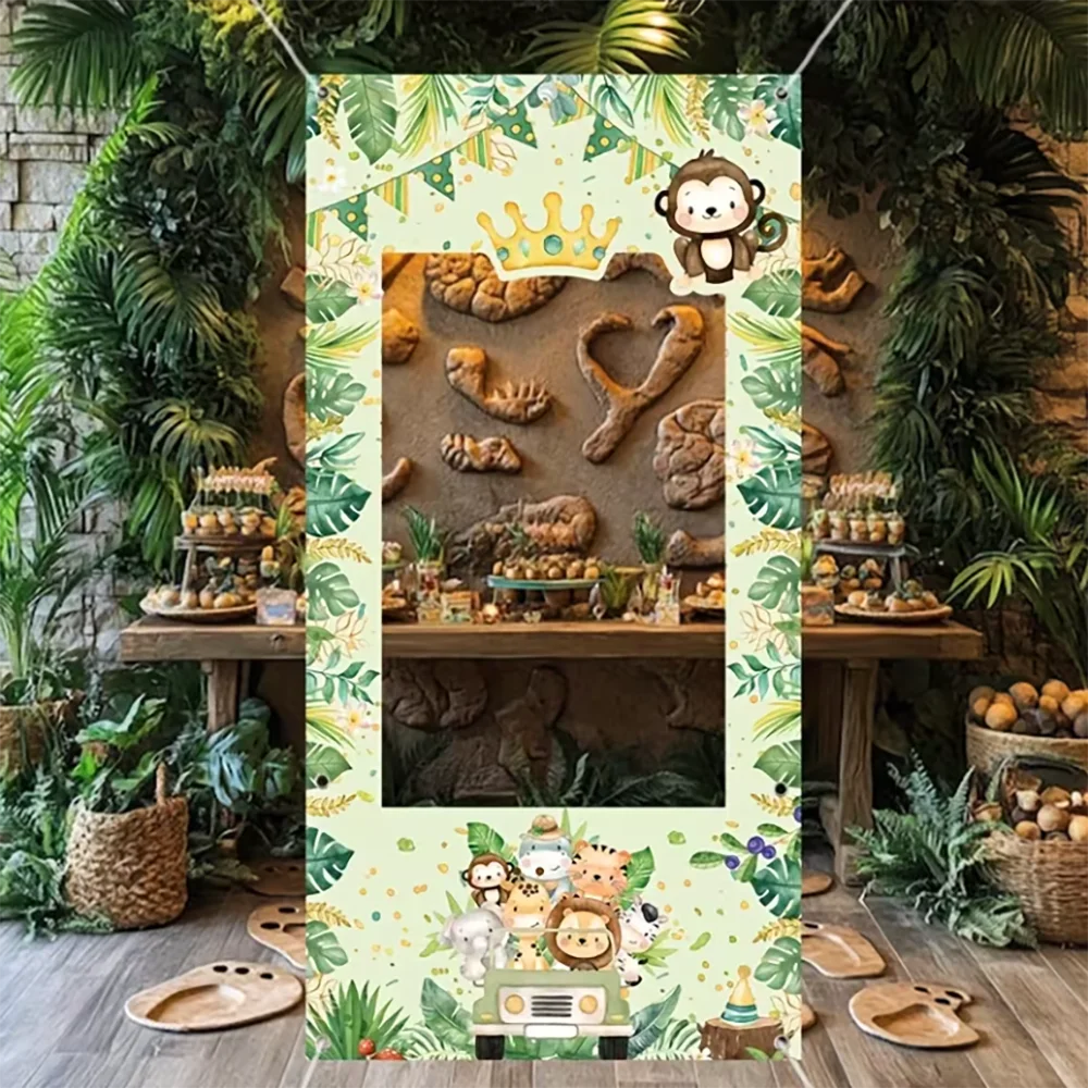 cadre photo vinyle jungle animaux motifs feuilles vert clips festif anniversaire enfants décoration tropicale