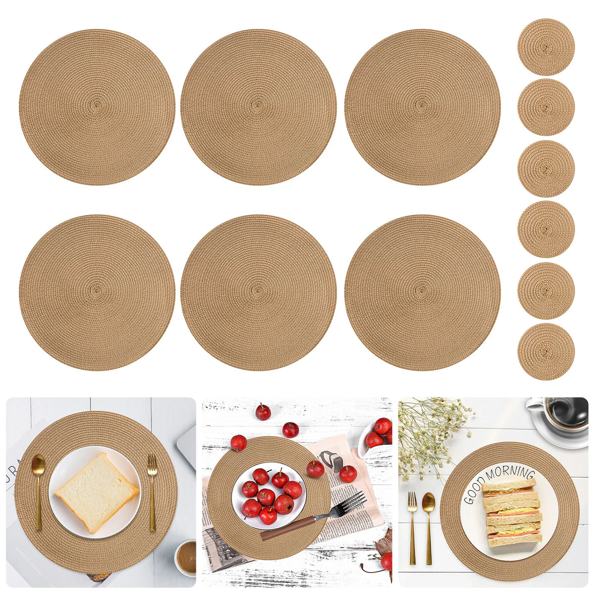 tapis table classique tissage rond marron clair respectueux environnement 34cm diamètre assiette fourchette couteau