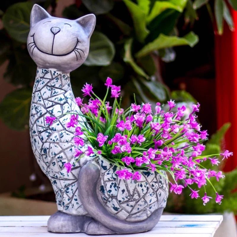 pots fleurs forme chat résine moderne gris blanc violet décoratif jardin sculptures extérieures