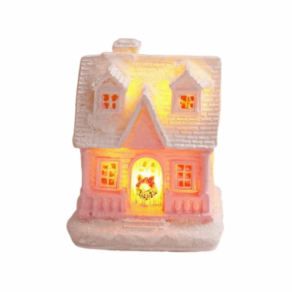 ornement noël miniature maison lumineuse rose brique neige toit fenêtres porte guirlandetoyshop