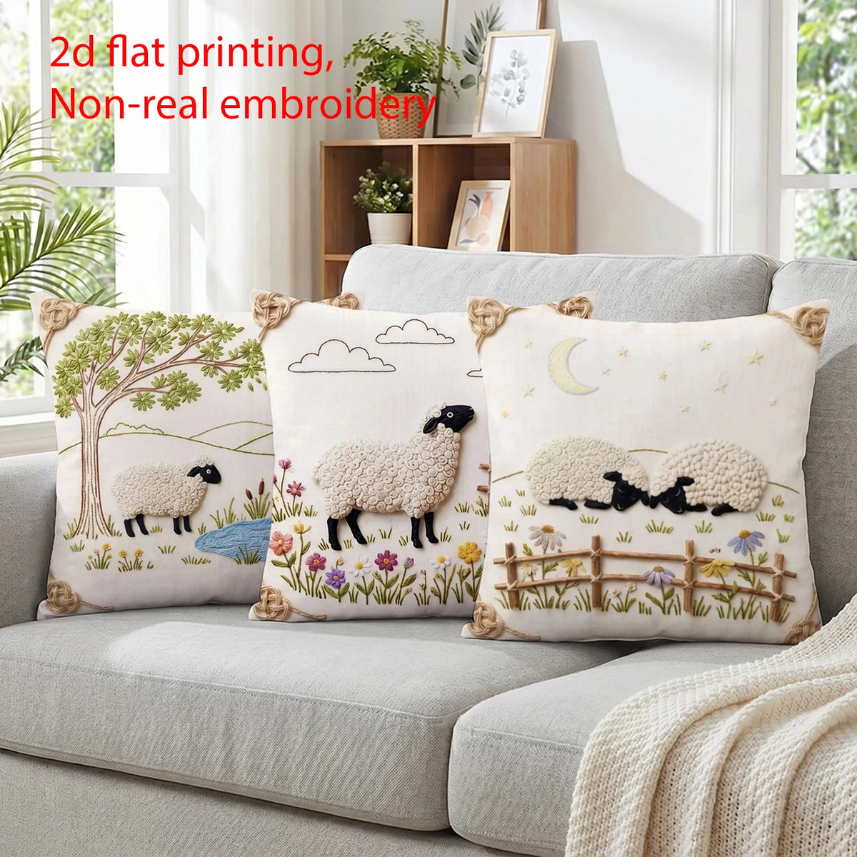 housse coussin mouton pastoral illustration fleurs arbres nuages zip 40x40cm 45x45cm 50x50cm 60x60cm polyester