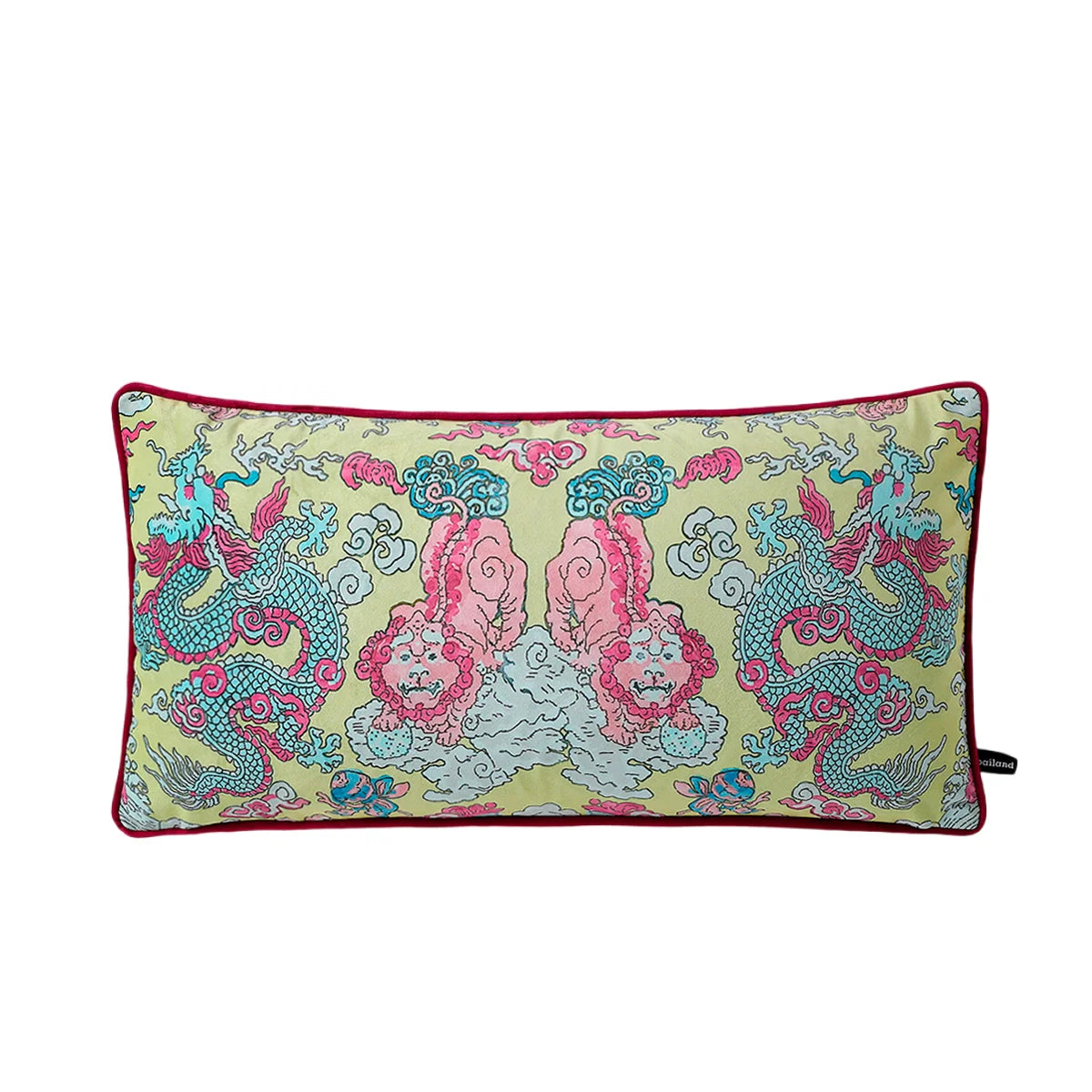 housse coussin scénique imprimé motif oriental cavaliers pagodes animaux moderne bleu rouge vert noir