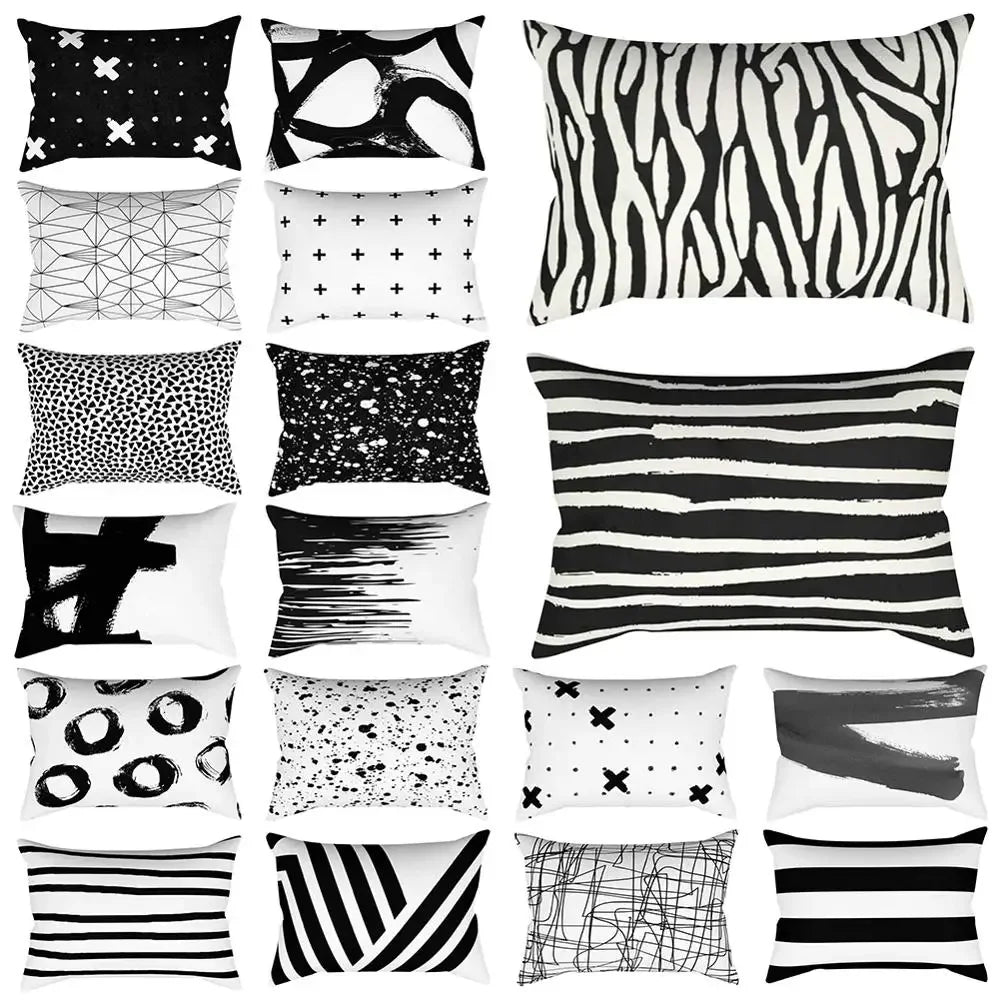 coussin rectangulaire noir blanc motif géométrique moderne décoration salon chambre lit 30x50cm polyester