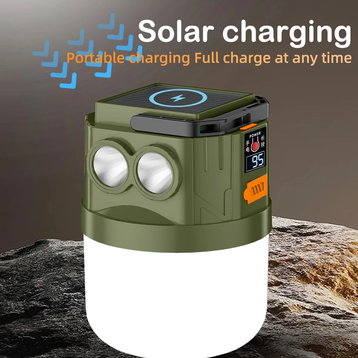 lampe camping vert olive rechargeable solaire affichage numerique poignee amovible autoinstallation robuste texture mat