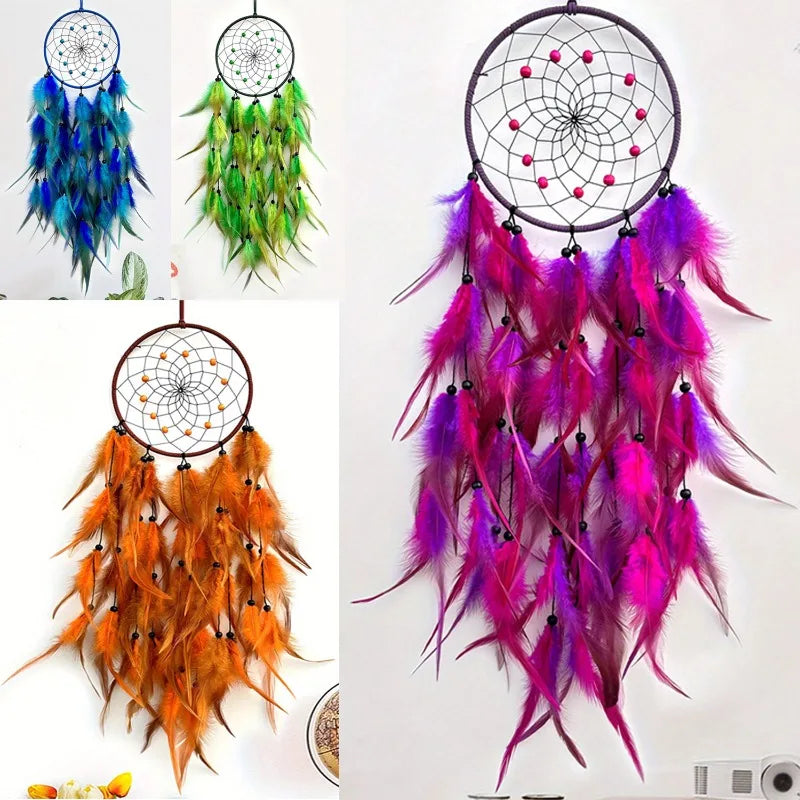 attrape rêves traditionnel plumes bleu vert orange violet décoration murale