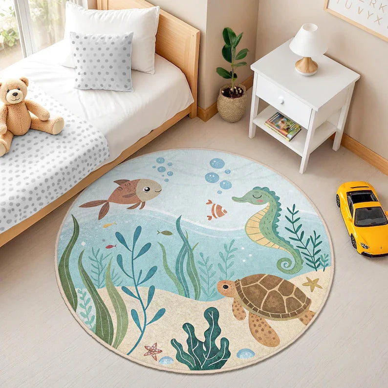 tapis rond thème marin poissons tortues hippocampes enfants salon bleu clair vert marron