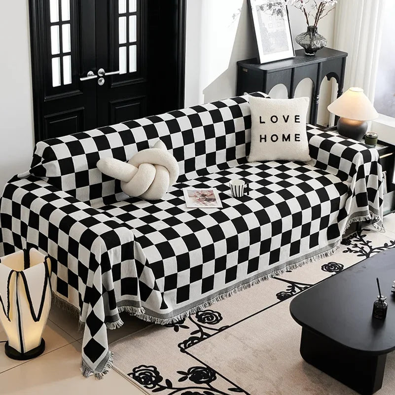 couverture canapé moderne adhésive noire blanche carreaux trois places deux places futon
