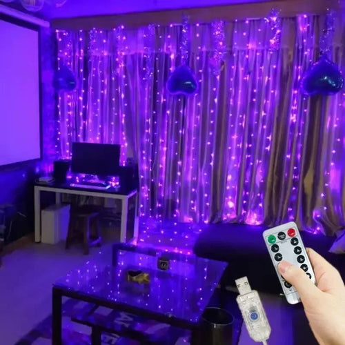 rideau lumineux led étoiles décoration noël mariage intérieur usb télécommande couleur violet blanc multicolore