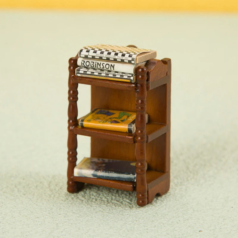 miniature bibliothèque bois étagères sculptées livres miniatures classique pièce maison poupée