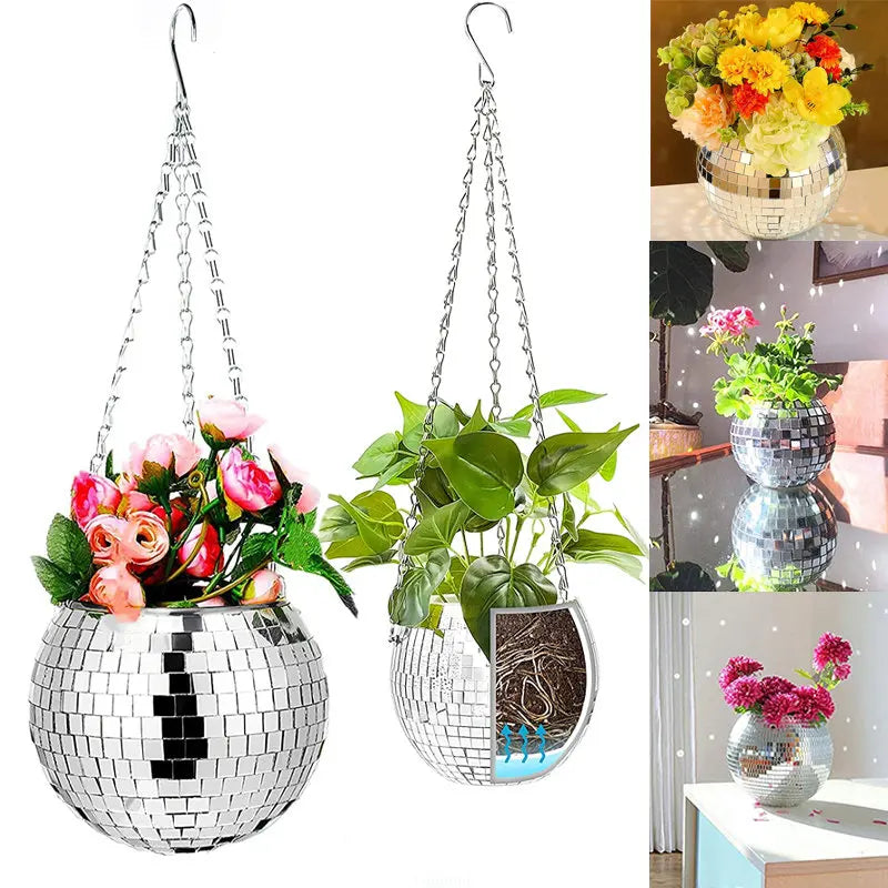 cache pot suspendu moderne miroirs argenté doré décoration noël plante fleur chaînes métal balconintérieur