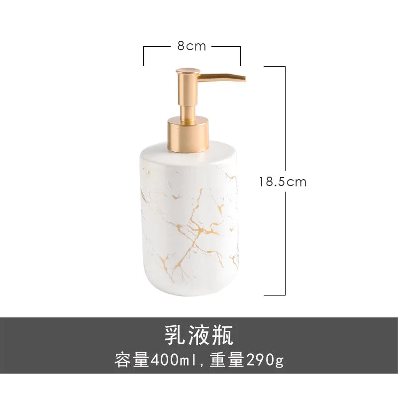 ensemble salle bain moderne blanc doré marbre veines élégant pompe tasse dents support savon