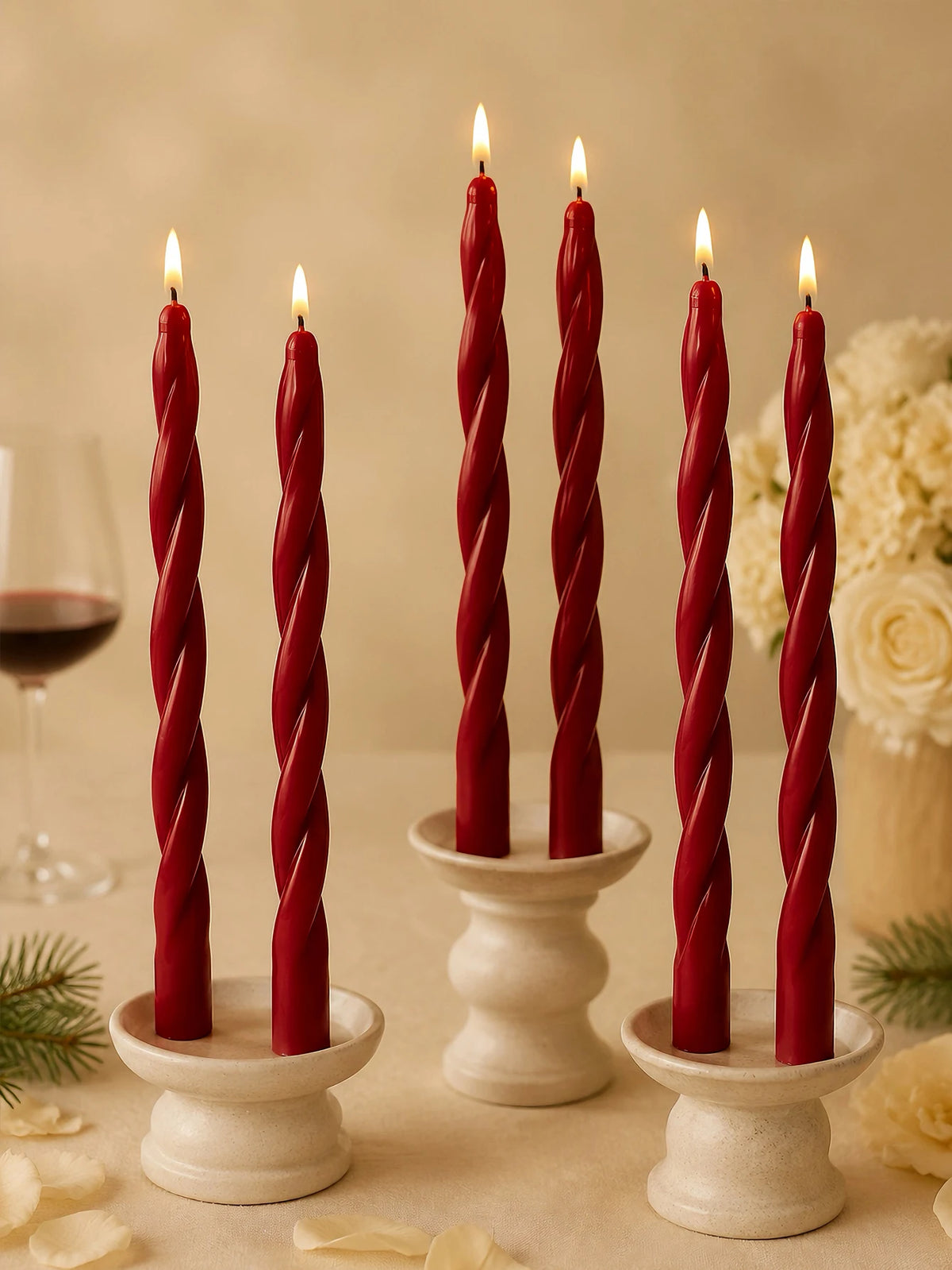 bougies aromathérapie cire soja parfumées rouge twistées tringles dorées mariage décoration maison classique