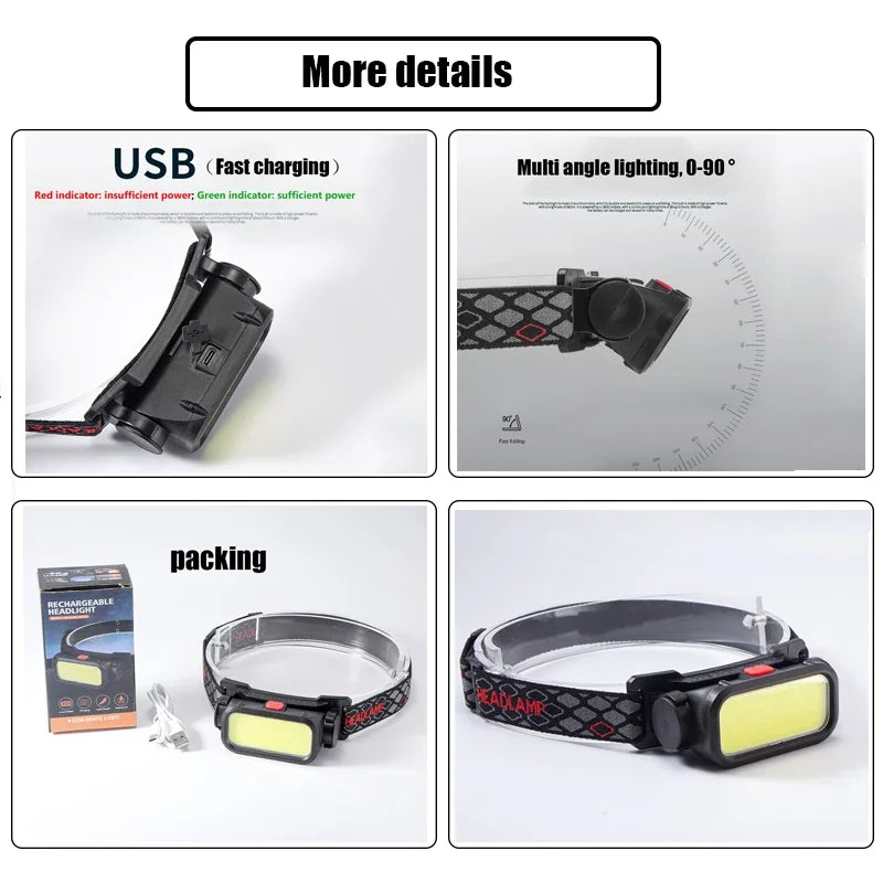 lampe frontale rechargeable led usb ceinture ajustable course exploration camping